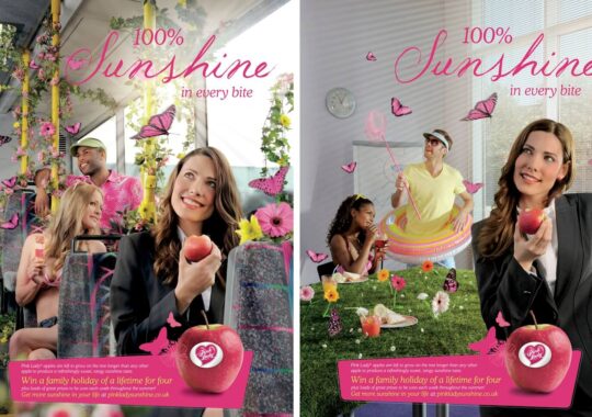 Two vibrant advertisements for Pink Lady apples showcasing joyful moments: on the left, a bus transformed into a garden paradise with greenery, flowers, and butterflies, featuring a smiling woman holding an apple; on the right, a sunny indoor picnic scene with a professional woman enjoying an apple amidst playful summer elements. The campaigns highlight the brand’s ‘100% Sunshine in Every Bite’ theme.